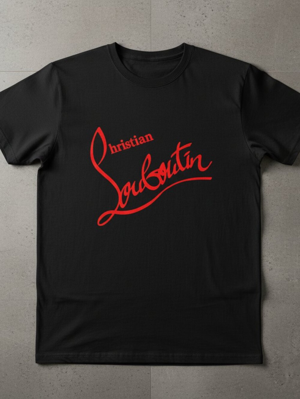 Christian Louboutin Inspired Red Script Logo Graphic T-Shirt | Black Designer